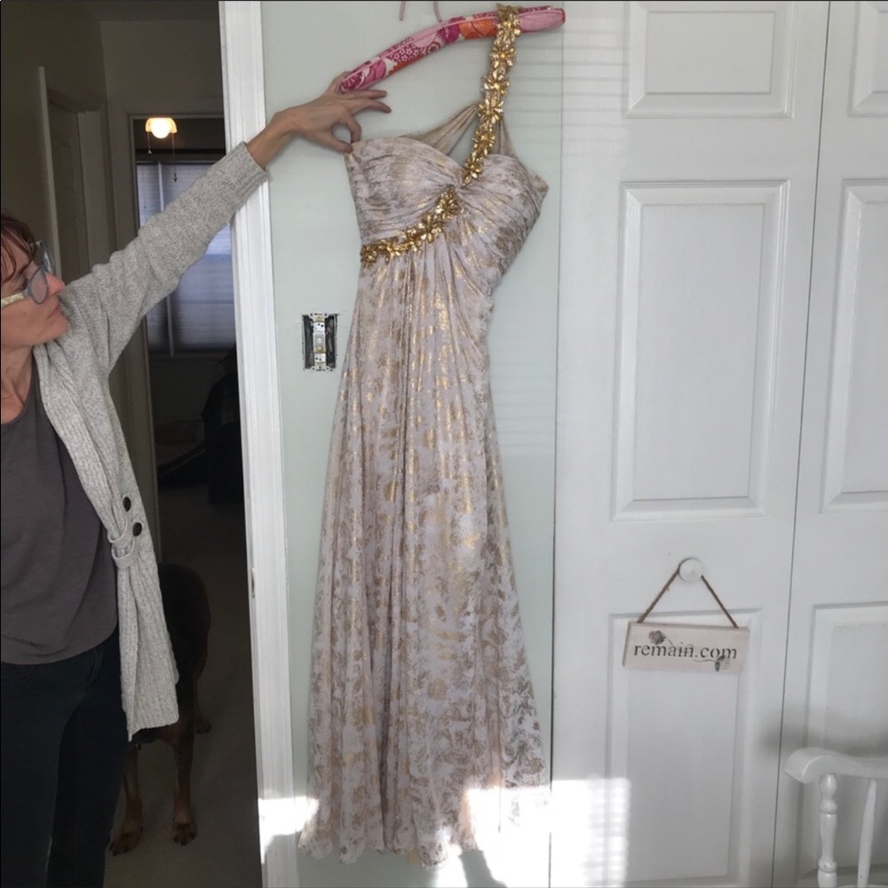 La Femme White & Gold Off the Shoulder Prom Dress